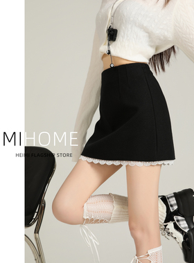 蕾丝拼接毛呢半身裙女秋冬季加厚高腰A字包臀裙黑色气质花边短裙