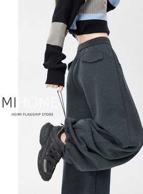 深灰色羊绒弯刀裤女秋冬季加绒加厚宽松阔腿棉裤慵懒休闲运动卫裤