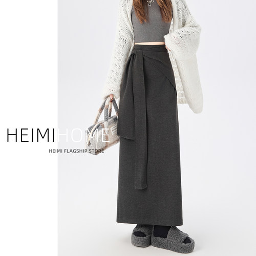 秋冬季高腰绑带不规则毛呢半身裙