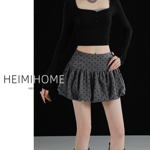 灰色高腰花苞半身裙女春秋季防走光气质A字波点裙学院风蓬蓬短裙