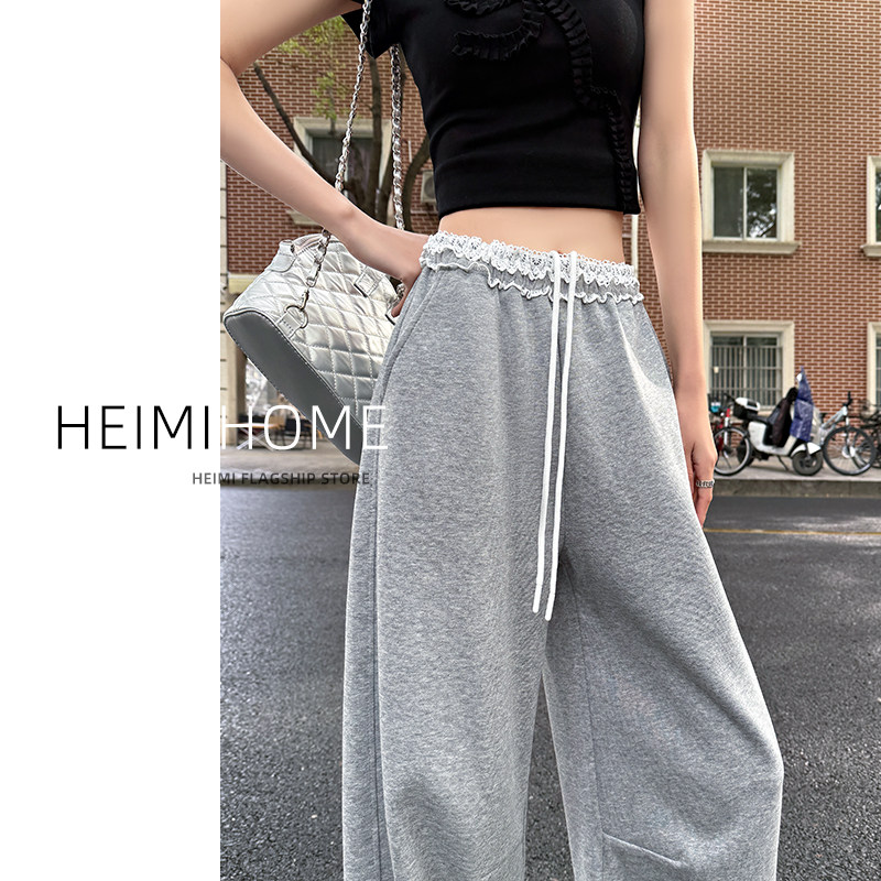 灰色美式弯刀运动裤女春夏高腰休闲卫裤小个子阔腿蕾丝拼接长裤子