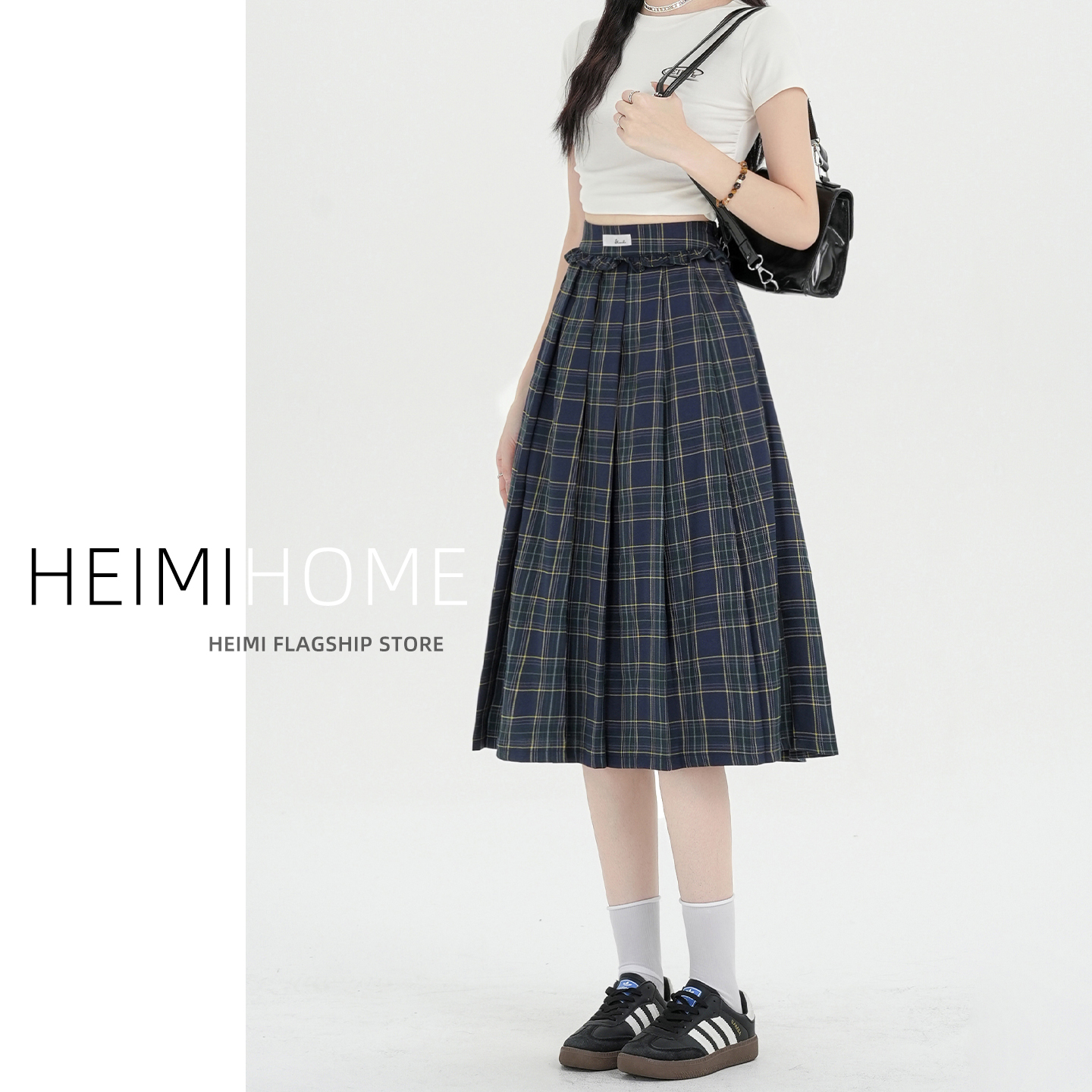 学院风复古格子裙女夏季木耳边格纹半身裙小个子A字西装中长裙潮