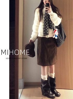 乌木棕麂皮绒直筒中裙女秋冬季小个子A字五分包臀裙美拉德半身裙