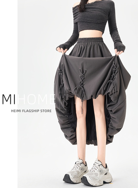 灰色系绳花苞半身裙女春秋季设计感绑带灯笼裙松紧腰A字蓬蓬长裙