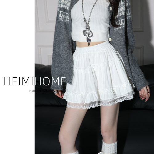 秋冬高腰蕾丝花边丝绒半身裙