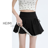 黑色百褶短裙女2026夏季 学院风蝴蝶结jk半身裙小个子蕾丝边a字裙