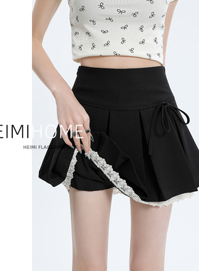 黑色百褶短裙女2025夏季学院风蝴蝶结jk半身裙小个子蕾丝边a字裙