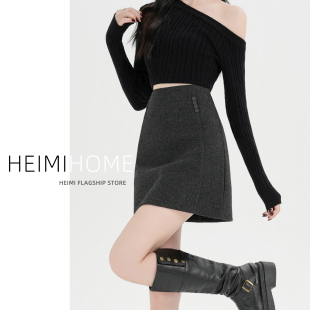 灰色半身裙女秋冬加厚高腰复古包臀a字裙小个子气质显瘦毛呢短裙