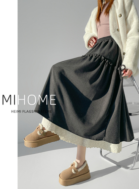 灰色木耳边拼接半身裙女秋冬季松紧腰毛呢大摆裙高腰蕾丝花边长裙