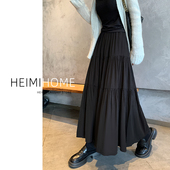 黑色蛋糕裙女春夏秋设计感拼接中长款 a字裙小个子垂感大摆半身裙