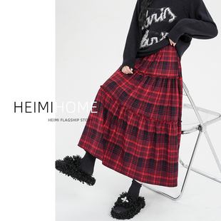 红色格子半身裙女秋冬季中长款高腰a字伞裙小个子复古格纹蛋糕裙