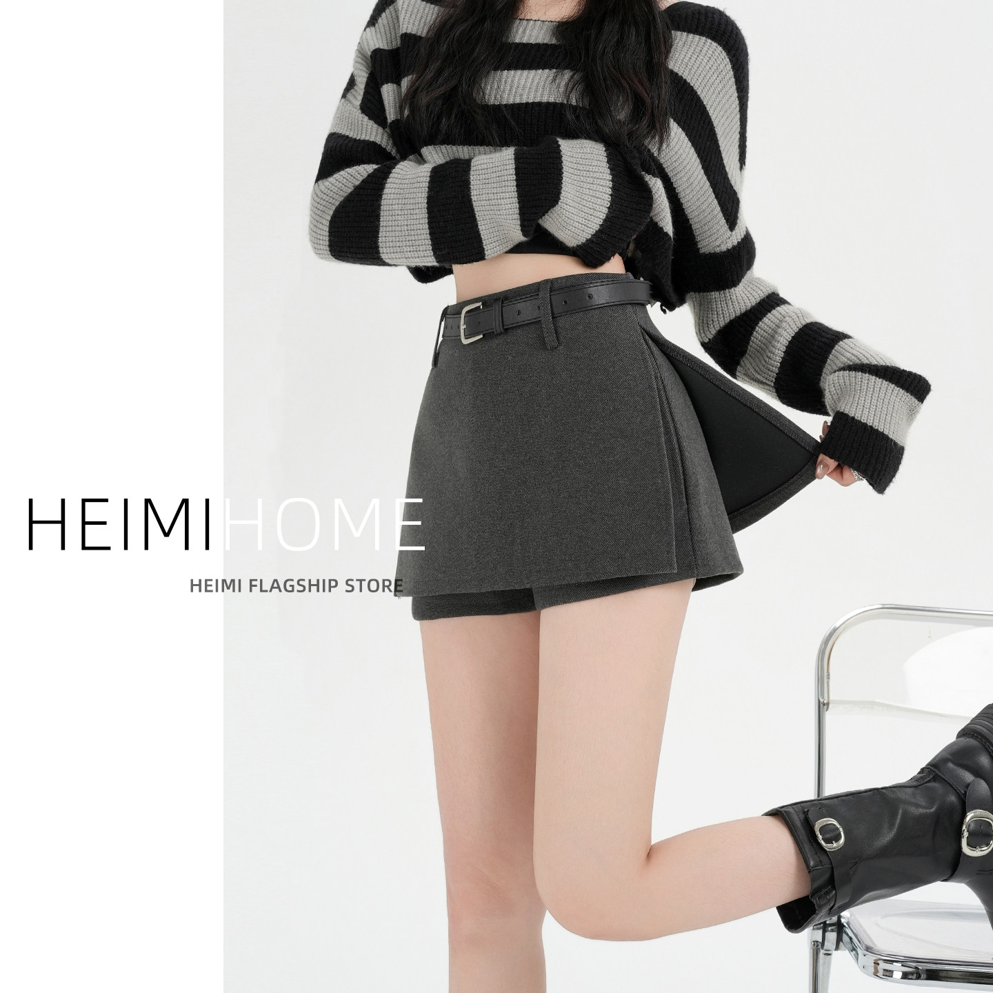 秋冬侧开叉气质包臀毛呢短裙裤