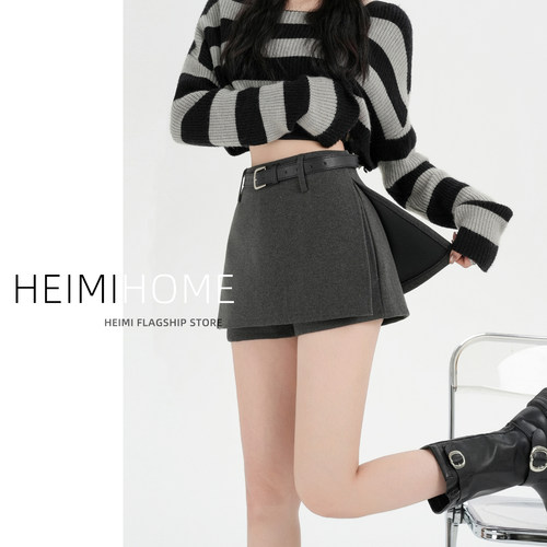 秋冬侧开叉气质包臀毛呢短裙裤