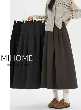 复古咖色毛呢半身裙女春秋冬加厚高腰a字伞裙高级长款呢子百褶裙