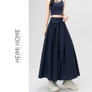 藏青色百褶半身裙女2025夏季高腰假两件a字裙子气质绑带大摆长裙