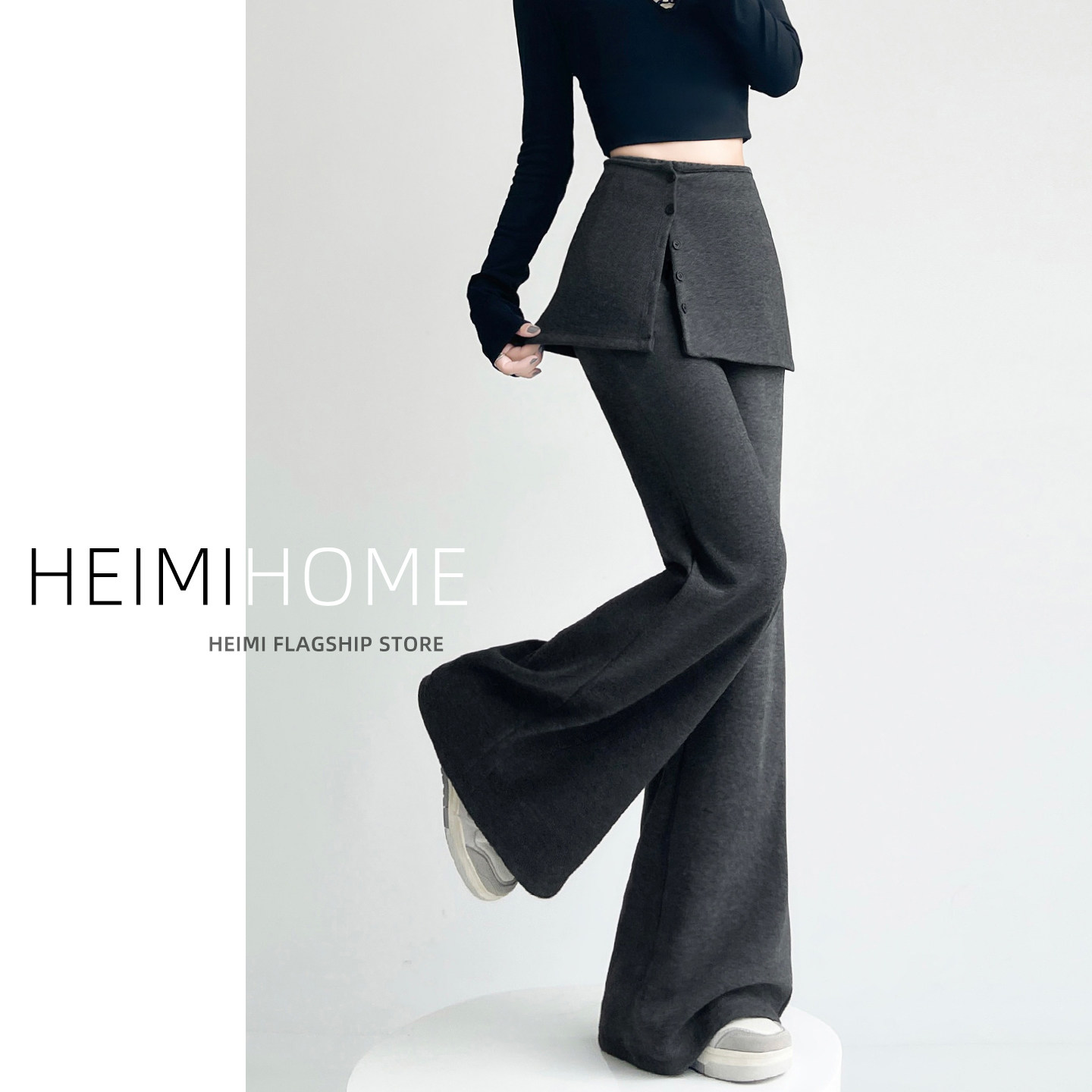 灰色羊绒微喇裤女秋冬季高腰加绒休闲长裤设计感假两件喇叭阔腿裤,女装/女士精品,休闲裤,淘宝优惠券,粉丝福利购,淘宝优惠卷