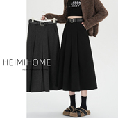 黑色毛呢半身裙女秋冬加厚高级大摆西装 a字裙高腰长款 呢子百褶裙