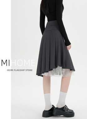 蕾丝拼接西装半身裙女春秋高腰设计感a字中长裙灰色不规则百褶裙