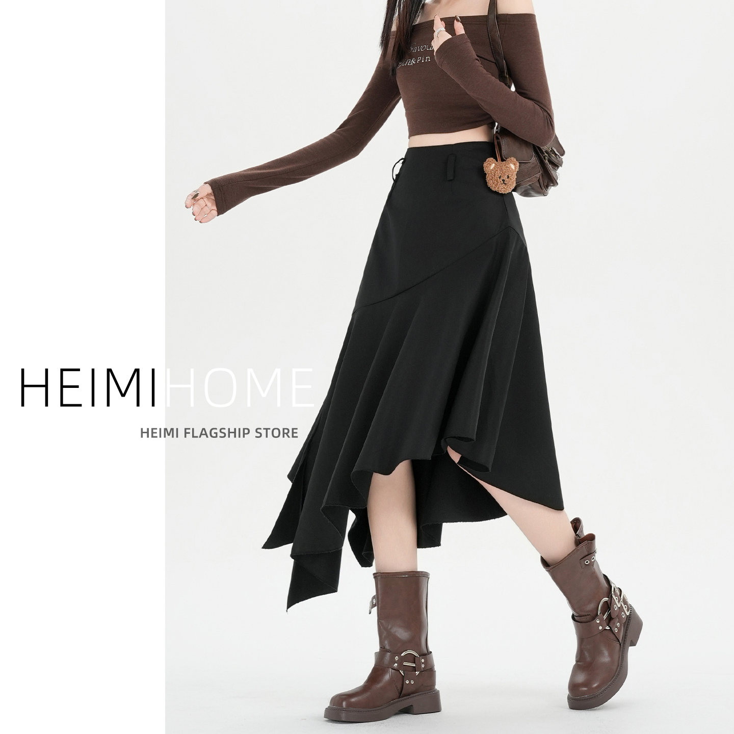 春秋高腰洗水棉不规则鱼尾半身裙