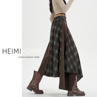 假两件格纹半身裙女秋冬季复古大摆格子裙高腰加厚不规则拼接长裙