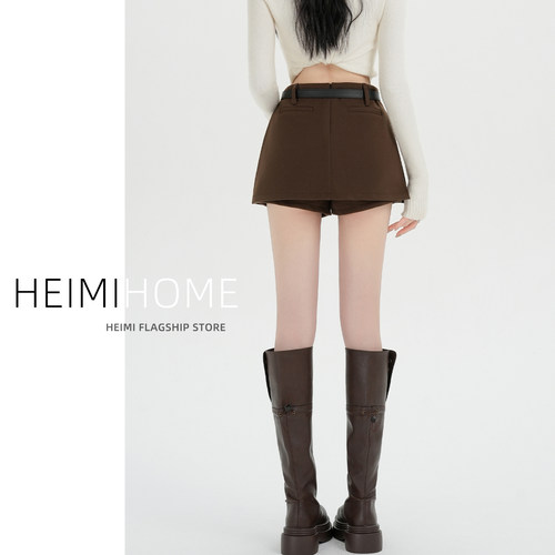 秋冬加厚侧开叉气质毛呢短裙裤