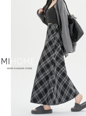 复古格子半身裙女秋冬季高腰a字大摆长裙黑灰色长款毛呢格纹裙子