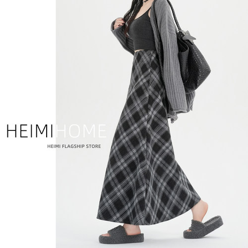 秋冬季高腰气质毛呢格纹半身裙