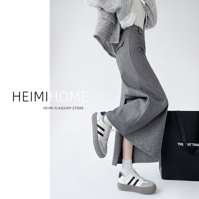 a字包臀裙加厚毛呢裙开叉半身裙