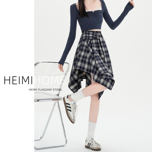 蓝色不规则格子半身裙女春秋季高腰绑带短裙小个子A字磨毛格纹裙