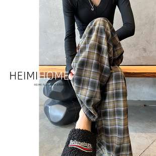 复古弯刀格子裤女春夏季宽松休闲遛弯裤小个子垂坠感窄版镰刀裤潮