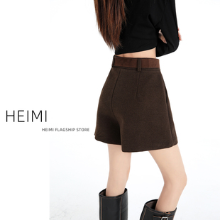 小个子显瘦休闲靴裤 加厚高腰a字外穿阔腿裤 女秋冬季 咖色毛呢短裤