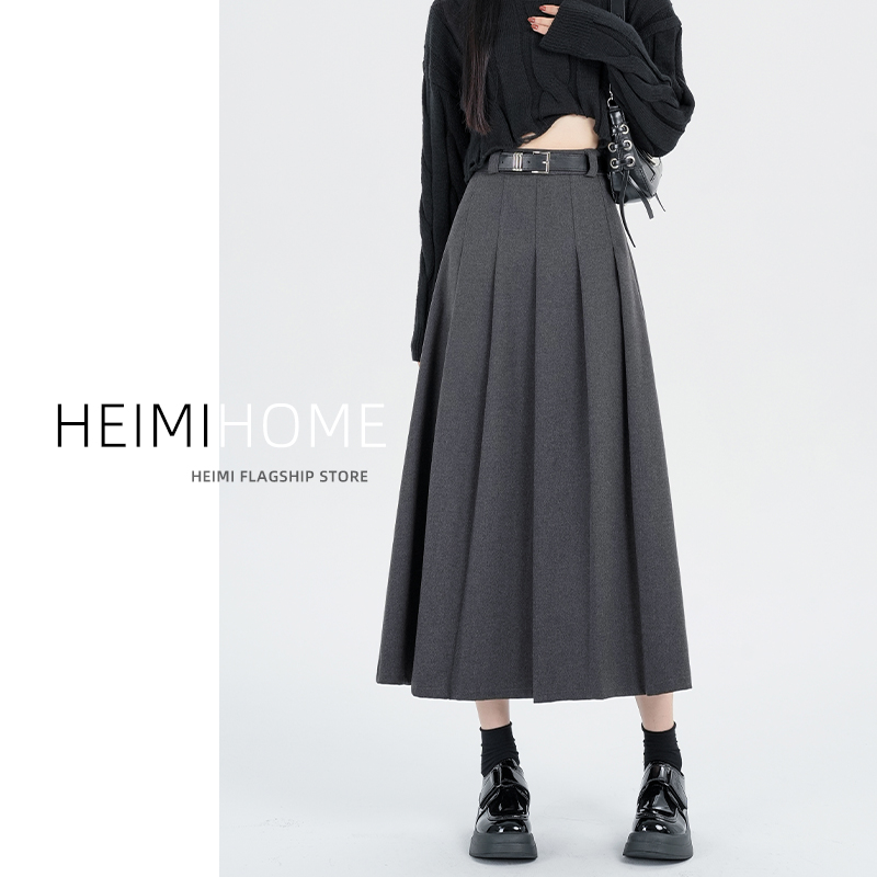 百褶色毛呢半身裙女春秋冬