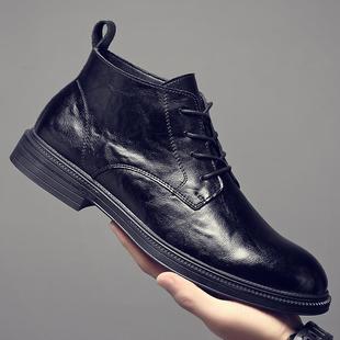 皮鞋男秋冬新款加绒中低帮真皮尖头马丁靴高级感男士商务正装皮鞋