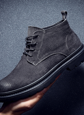 新款休闲马丁靴低帮短靴子男款灰色皮靴百搭英伦风透气工装鞋男士