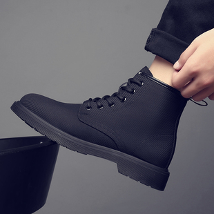 黑色马丁靴男秋冬男士高帮休闲鞋子秋季加绒保暖靴子英伦风工装鞋