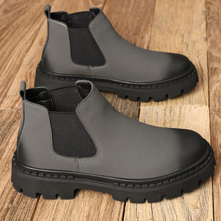 秋冬新款男士切尔西马丁靴男款低帮皮靴子潮流厚底增高真皮短靴子