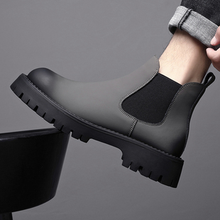 真皮马丁靴男款英伦风中帮冬季加绒烟筒靴一脚蹬厚底增高切尔西靴