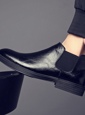 真皮短靴子高帮马丁靴英伦风黑色商务皮鞋冬季加绒保暖切尔西靴男