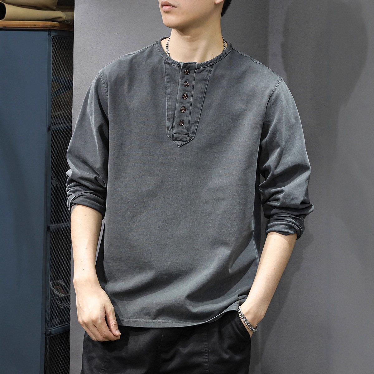 2025新款休闲男士纯棉长袖t恤宽松薄款春秋潮牌亨利领打底衫卫衣