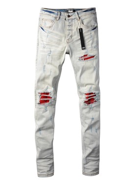 亚马逊欧美高街潮牌破洞红色补丁弹力修身浅色休闲牛仔裤小脚男士