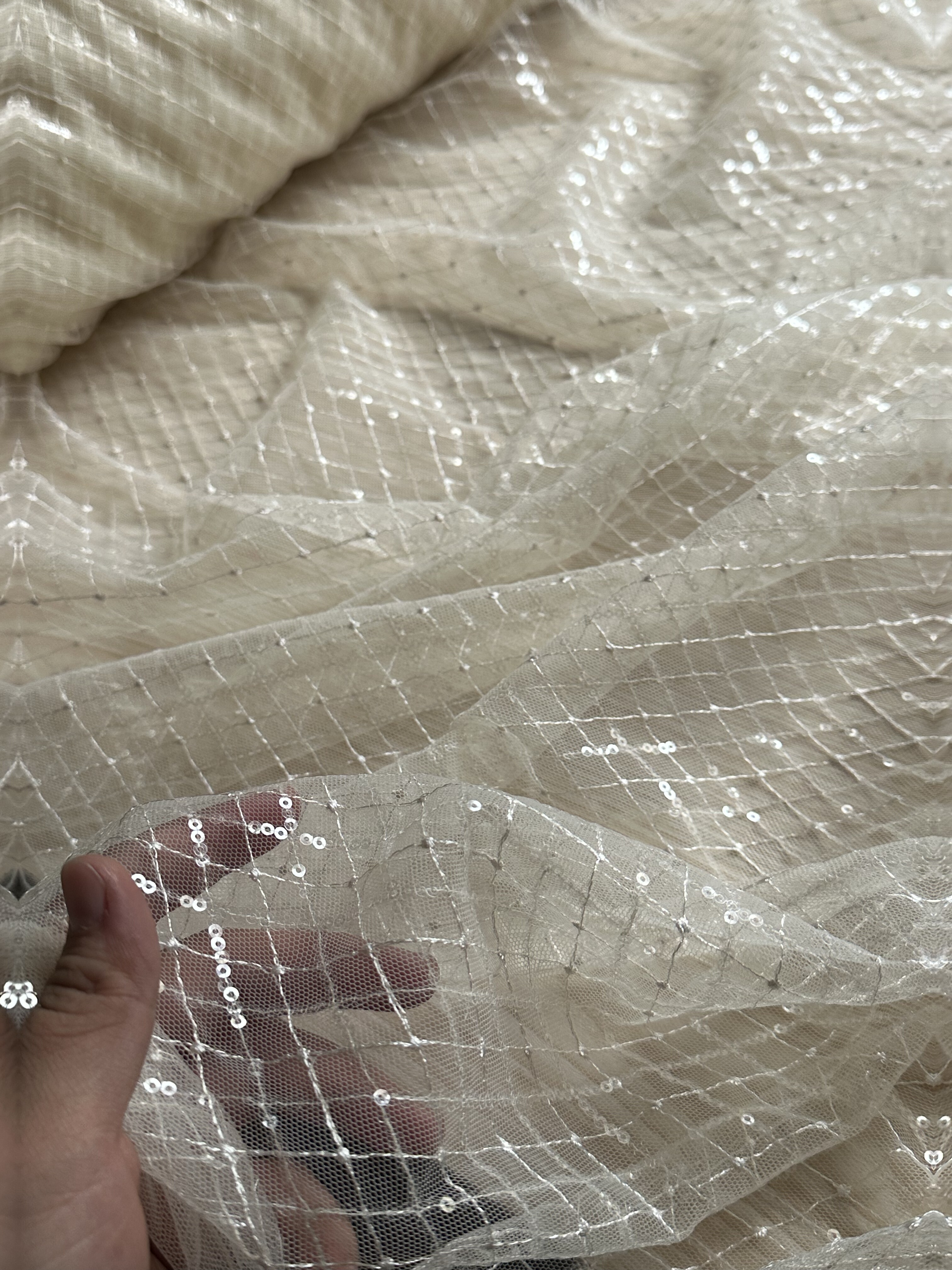 一米 香槟色 菱形闪片网布料 面料（宽1.45米左右）