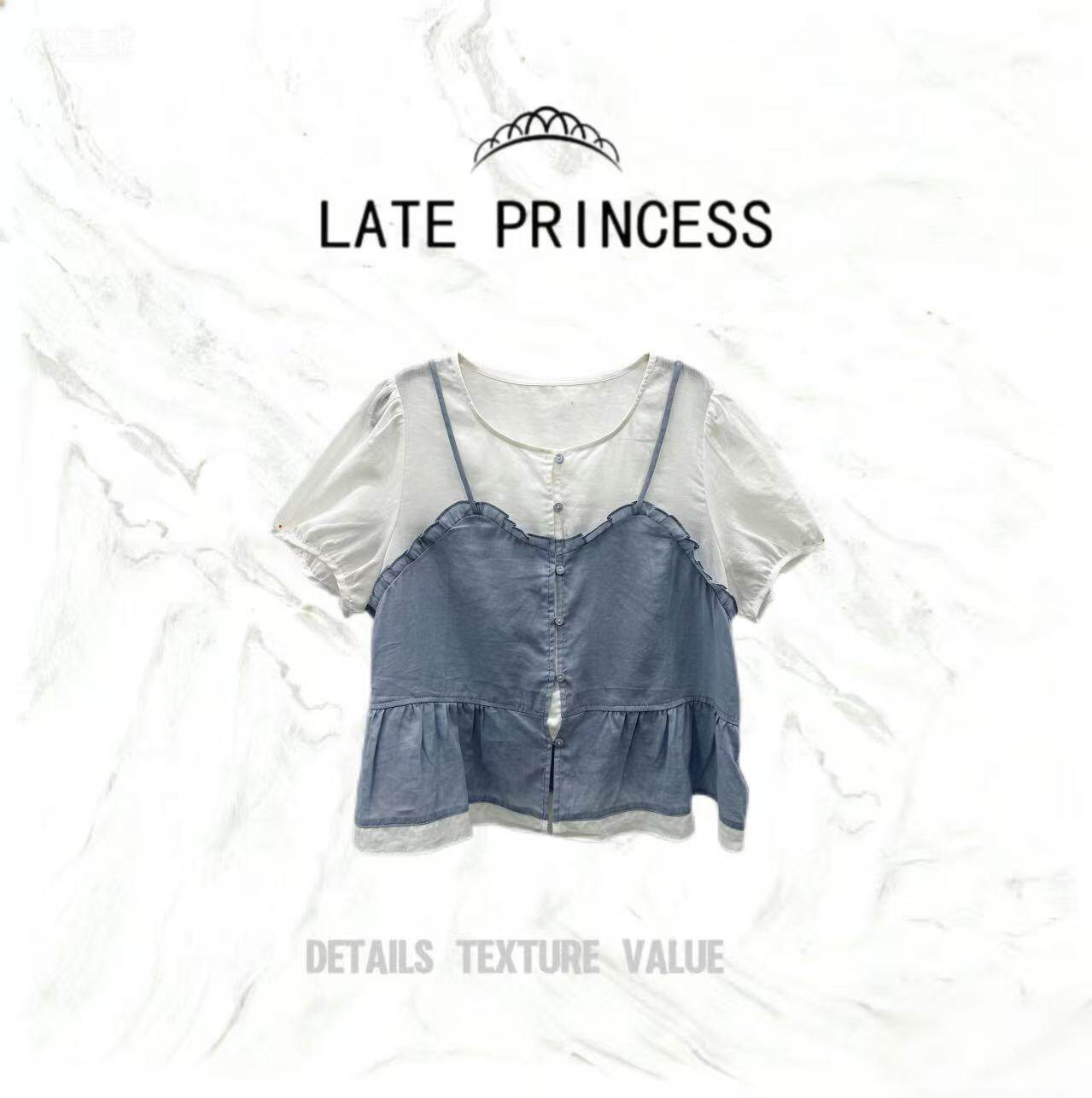 LATE PRINCESS【清风知意】夏季新款圆领单排扣吊带假两件衬衫