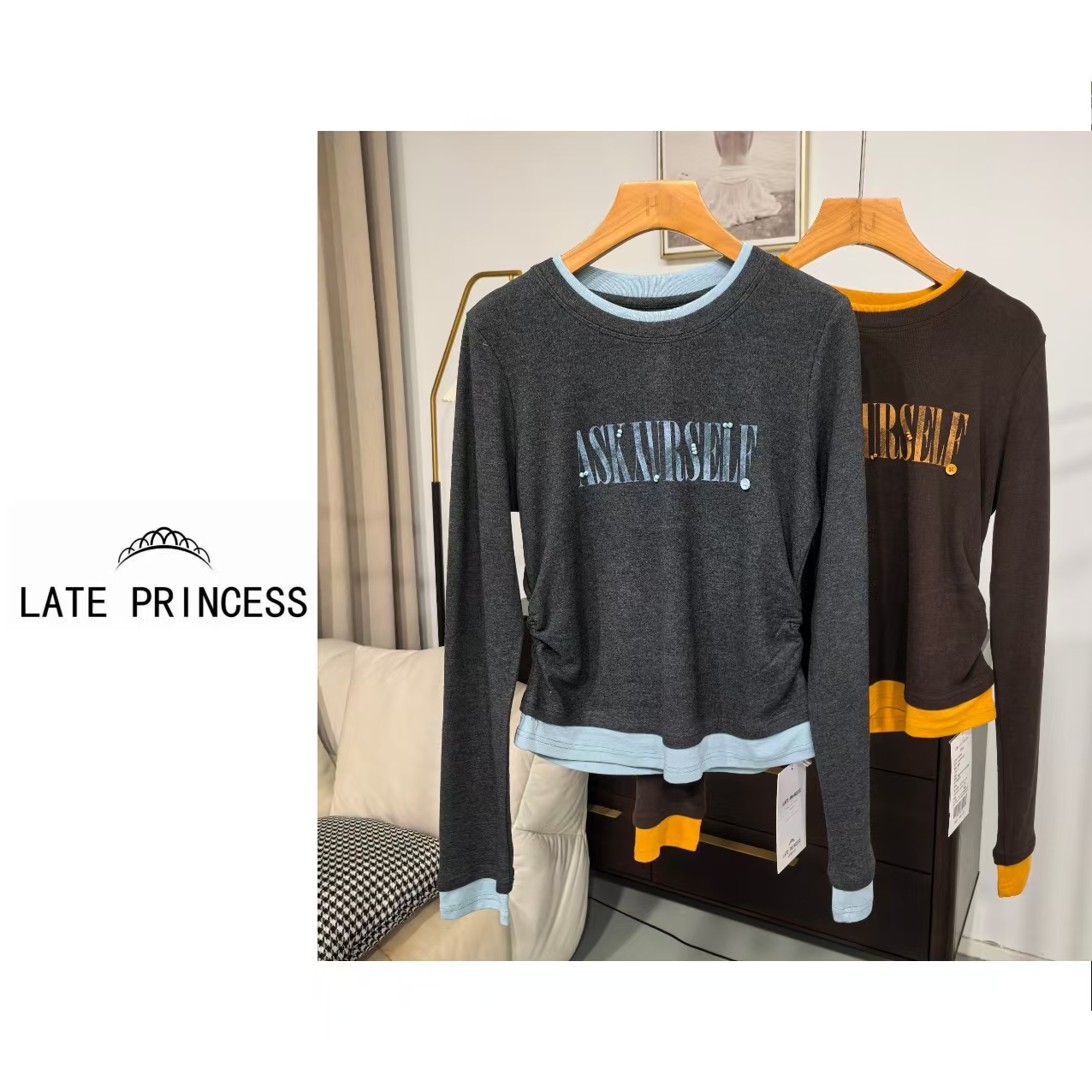 LATE PRINCESS【晚风】冬装新款圆领假两件长袖字母T恤