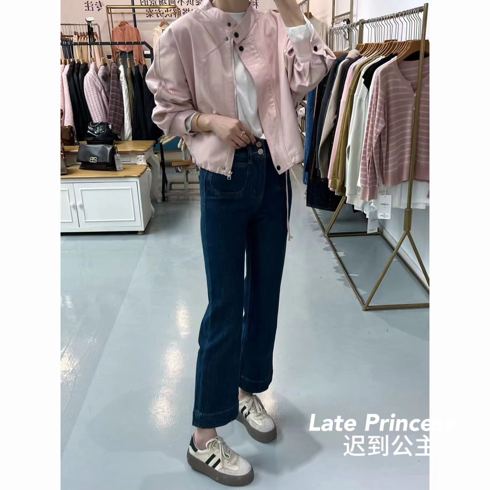 藕粉色长袖纽扣夹克外小众品牌