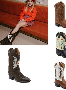 现货Bootstock24秋冬靴子童鞋中筒靴刺绣风女士女童平底靴