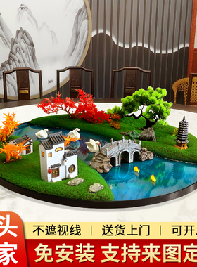 酒店大圆桌中间摆件中式仿真假花电动转盘装饰品包厢餐桌景观摆花