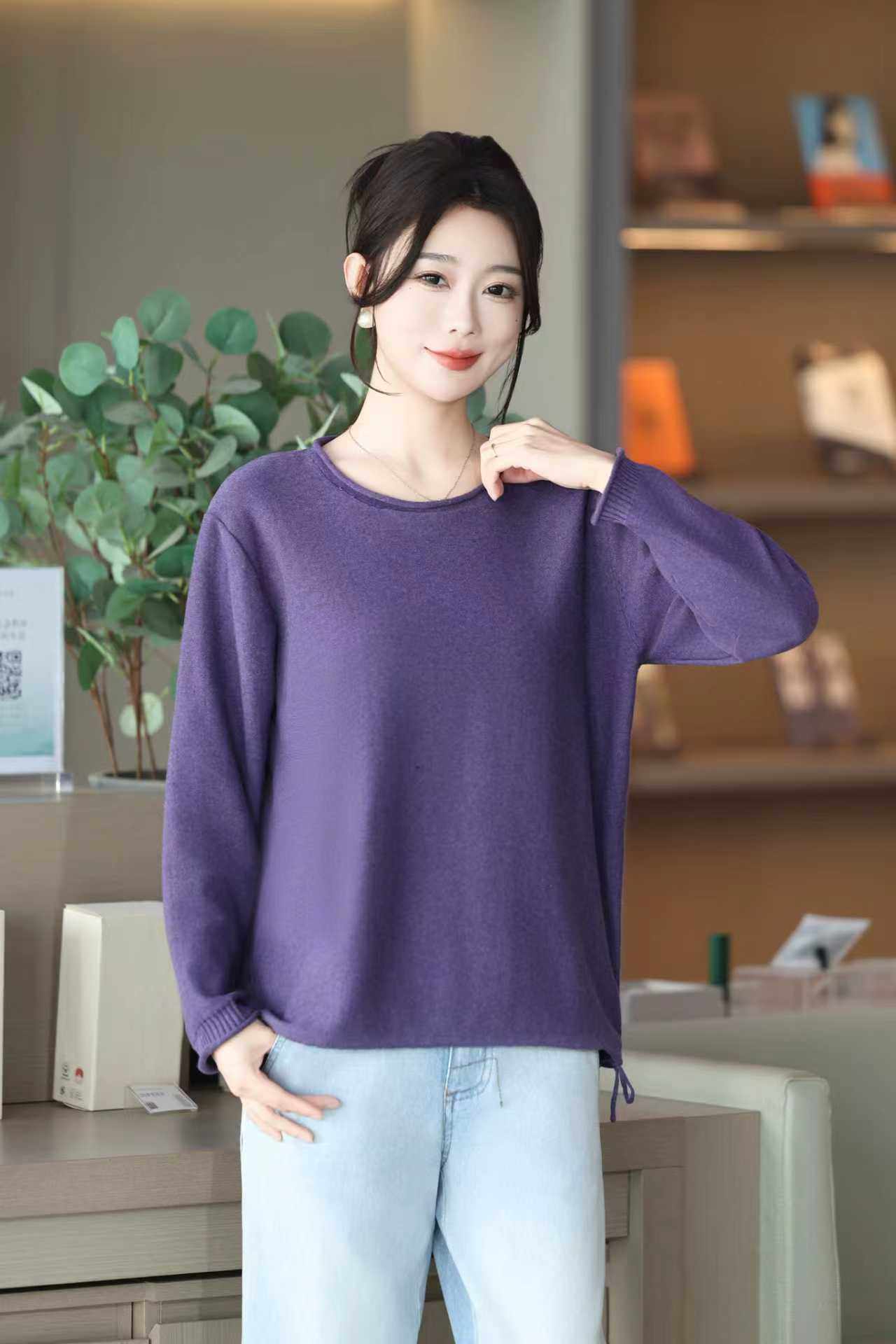 春秋新款时尚洋气纯棉圆领女上衣宽松休闲毛衣简约打底针织衫,女装/女士精品,毛针织衫,淘宝优惠券,粉丝福利购,淘宝优惠卷