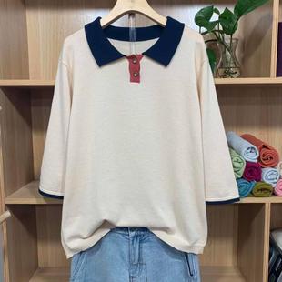 春秋新品大码纯棉线女装秋款中袖翻领针织毛衫宽松文艺百搭上衣