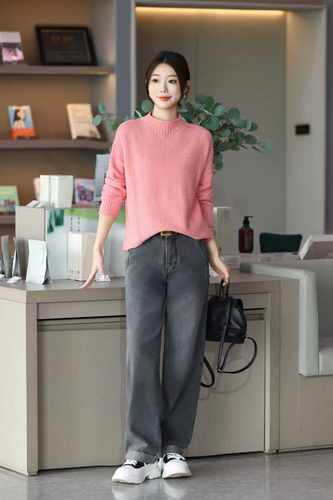 纯棉线套头高领针织毛衣