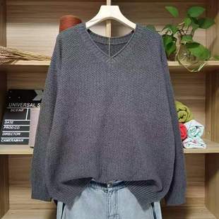 女式 打底针织衫 V领大码 复古文艺慵懒套头冬季 宽松版 纯棉线衫